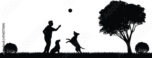 Dog play silhouette, human interaction, outdoor activity, black and white art, ball throwing moment, pet companionship, grassy field, tree background, joyful motion, nature scene
