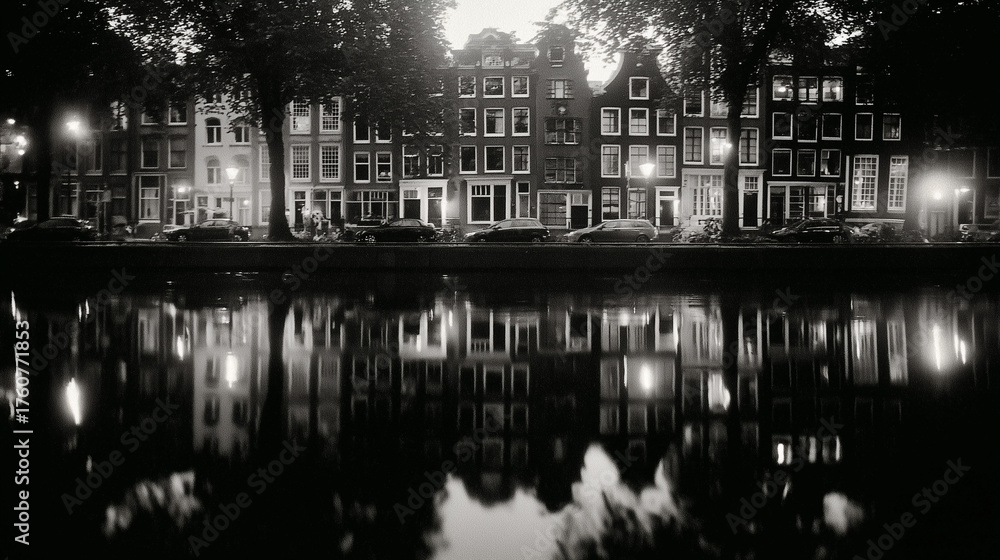 Fototapeta premium Dutch canal houses with reflections in water, perfect symmetry and soft golden glow