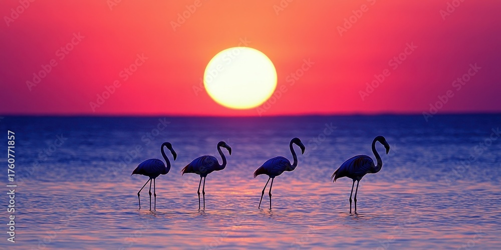 Naklejka premium Silhouette of flamingos at sunset over serene ocean. 