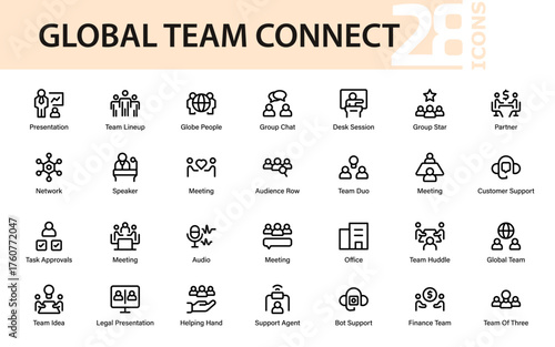 Modern flat icon set illustrating teamwork, global meetings, communication, support agents, presentations, partnerships, and office collaboration for business branding.