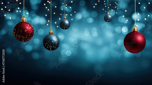 Christmas holiday background with copy space, hanging balls and bokeh lights on blue background. Merry Christmas and Happy Holidays greeting card, frame, and banner. New Year. Noel. Winter