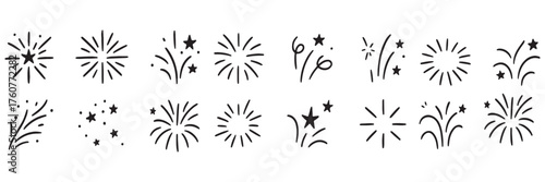 Line icon ray, confetti element set. Starburst line art with hand drawn glitter spark, pop icon shapes and surprise emphasis elements. Decorative sketch style for a sunshine ray vector illustration