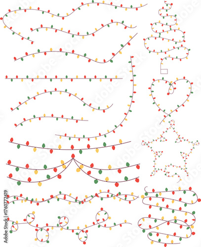 Festive hand-drawn Christmas lights featuring wavy lines and tree, heart, and star shapes with colorful bulbs in red, green, yellow, and blue