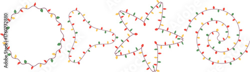 Charming circle, heart, star, and spiral shapes outlined with red, green, yellow, and orange Christmas lights