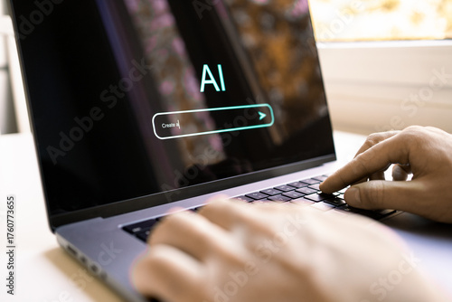 AI prompt to generate content or image with computer. Text model. Artificial intelligence in laptop. Photo generator at creative work. Student searching with virtual chat.
