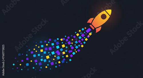 Rocket launch with pixel trail a vibrant illustration of a rocket taking off, leaving behind a trail of colorful pixels, symbolizing startup success and innovation