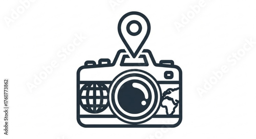 Travel photography concept a camera with a location pin and a globe, symbolizing travel photography and destination exploration
