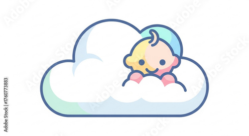A cute baby is sleeping in a cloud, dreaming sweet dreams, a whimsical illustration perfect for baby products and nursery decor