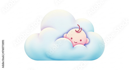 A serene baby nestled in a fluffy cloud, a gentle illustration evoking innocence and tranquility, perfect for babythemed projects