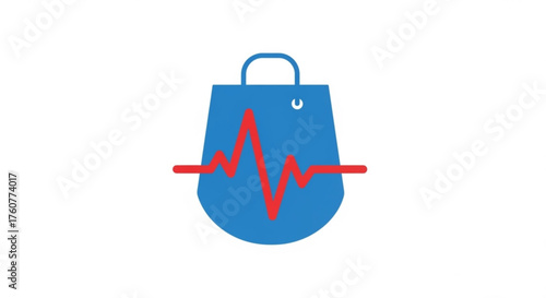 A blue shopping bag with a red heartbeat line represents the concept of online shopping, ecommerce, and retail therapy