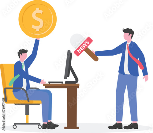 Description Journalist interviewing businessman holding a dollar sign illustration of interview about success in managing business company finances

