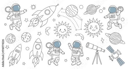 Exploring the wonders of the universe with astronauts rockets and stars.