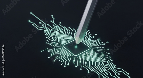 A pencil touching a microchip, symbolizing the connection between technology and creativity, highlighting the importance of innovation in the digital age