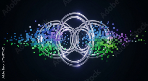 Abstract animation of interconnected circles with colorful particles flowing around them the concept of connection, communication, and modern technology