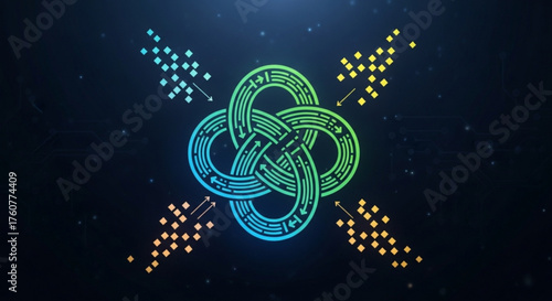 Abstract animation of data flow with a glowing celtic knot in the center the concept of interconnectedness and data transfer in a modern, technological world