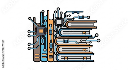 Books connected to the internet, representing the concept of online learning, ebooks, digital library, or the integration of technology and education