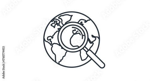 Magnifying glass over globe, representing global search, international research, worldwide exploration, or the concept of finding information on the internet