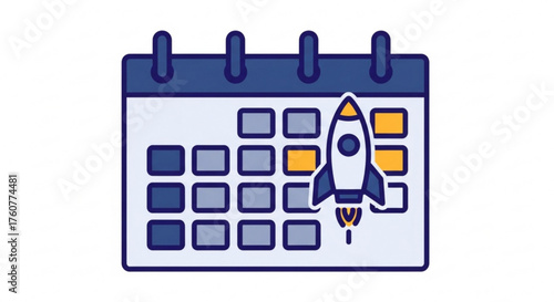 Calendar launch concept a calendar icon with a rocket taking off, symbolizing project launch, deadline, schedule, and time management