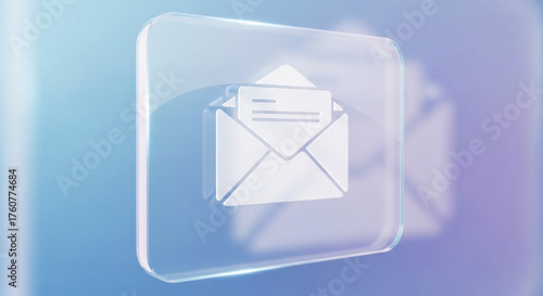 Glass email icon on blue background 3d render of a transparent mail symbol with shadow concept of digital communication, online messaging, and notifications