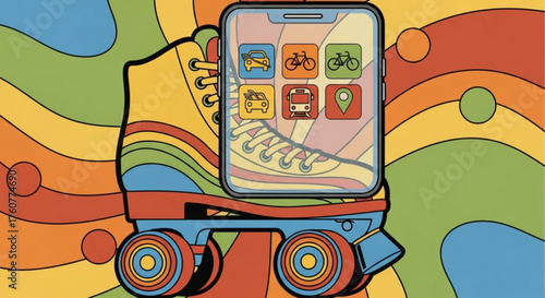 Retro roller skate with mobile app interface on a colorful background concept of transportation, navigation, and urban mobility with a vintage aesthetic