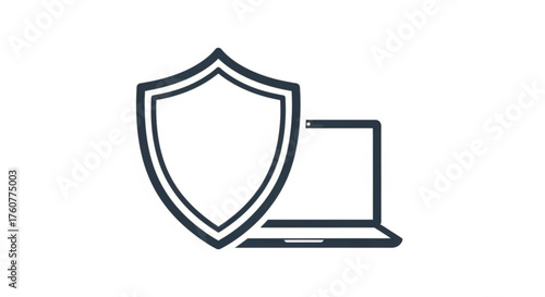 A laptop with a shield in front of it, symbolizing security, protection, and data privacy, represents the importance of safeguarding digital information