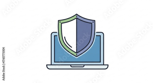 A laptop with a shield in front of it, symbolizing security, protection, and data privacy represents the importance of safeguarding digital information and online assets