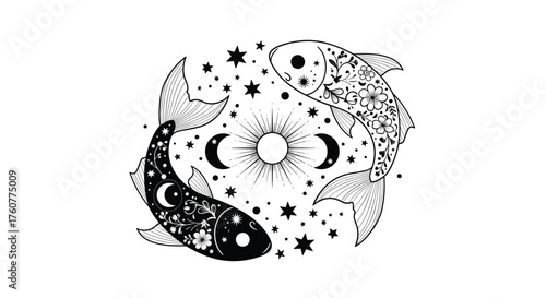 Mystical interconnected twin fish embracing celestial cosmic energies and lunar phases.