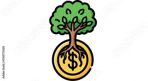 A tree growing from a coin, representing investment growth, financial stability, and the potential for longterm prosperity
