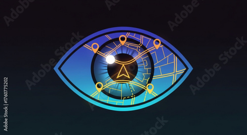 A stylized eye with a map and location pins inside, representing surveillance, navigation, and data tracking in a modern, technological context