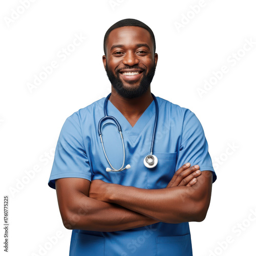Smiling african american male nurse wearing scrubs and stethoscope isolated on transparent background