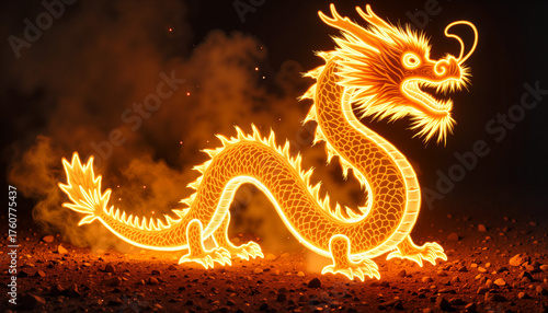 Fiery dragon illustration with glowing fire effects on dark background  