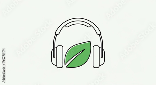 A minimalist illustration of headphones with a green leaf inside, , suggesting ecofriendly technology or natureinspired audio experiences