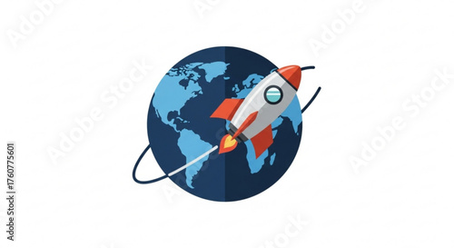 A vibrant cartoon rocket ship orbits a detailed globe, symbolizing space exploration, global travel, and the boundless possibilities of scientific advancement
