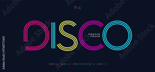 Retro disco font, line logo alphabet, stripe letter for abstract technology headline, vintage disco poster, party vintage banner, bauhaus modern typographic design. Vector typeset