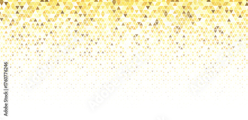 Luxury mosaic gradient background, gold triangle pattern with fade, geometric white golden backdrop for premium product promo, certificate, invitation. Yellow low polygon triangles BG. Vector texture