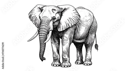 Detailed black and white drawing of an elephant