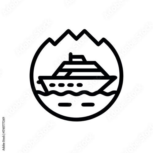 Luxury yacht cruising calmly near majestic mountains Line Art Vector illustration