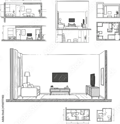 Isolated a Architectural Drawings, elevation vector interior, living room illustration, side view, sofa, rug, tv, Minimal style hand drawn. Sections, Elevations, Floor Plans. vector art .