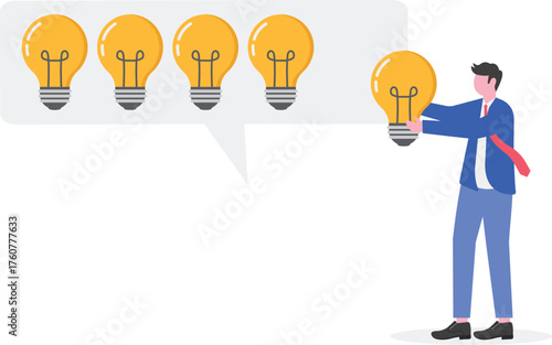 Businessman placing lightbulb on shelf full of lightbulbs illustration of creative thinking for generating business ideas and innovation
