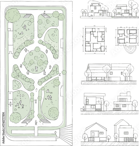 Isolated a Architectural Drawings, people plan in park out door top view, Minimal style hand drawn, set elements for architecture and landscape design. Sections, Elevations vector art .