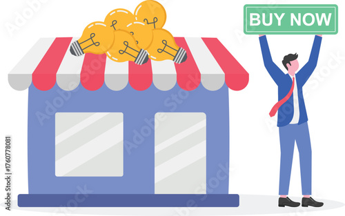 Businessman holding buy now sign near trolley full of light bulbs illustration of promotion and marketing strategy for offering business ideas
