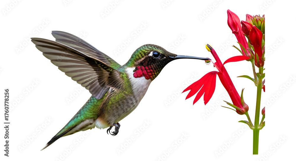 Fototapeta premium Ruby-Throated Hummingbird in Flight Sipping Nectar from Cardinal Flower Isolated on Transparent Background, Avian Beauty, Wildlife, Nature Photography, Detailed Plumage, Vibrant Red Petals