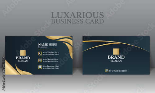 Neo-classic, opulent, and dynamic business card design template featuring organic shapes and abstract aesthetics. Golden color on a deep green background evoke eternal elegance and modern luxury.