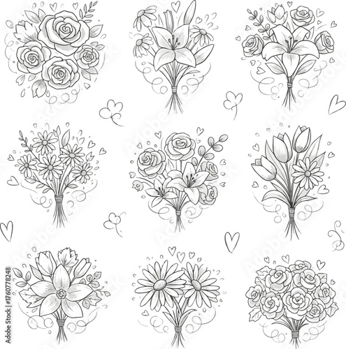Isolated a kinds of deferent flower boutique doodle pencil sketch, abstract illustration, decorative elements of love vector art with white background..