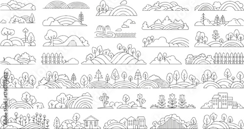 Isolated a kinds of deferent Line Drawings Minimal Style Vector Elements for Landscape Design Boarder vector art with white background.