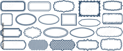 Set of 21 Dark Blue Borders Decorative Shapes, Isolated on White Background