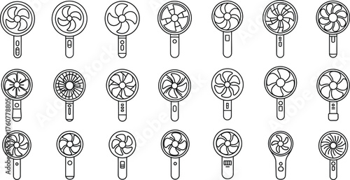 Set of Different Hand Fan Line Art on Transparent Background, Handheld Fan Collection