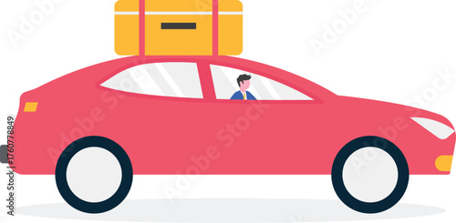 Man with hat carrying travel suitcase sitting on yellow car illustration for appreciation of World Tourism Day celebration
