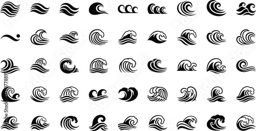 Set of FortyTwo Isolated Black Wave Icons, Ocean and Sea Wave Collection, on White