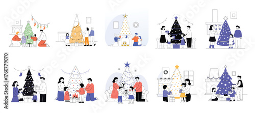 Vector set A diverse family celebrates Christmas together around a tree decorated with gifts and festive lights.